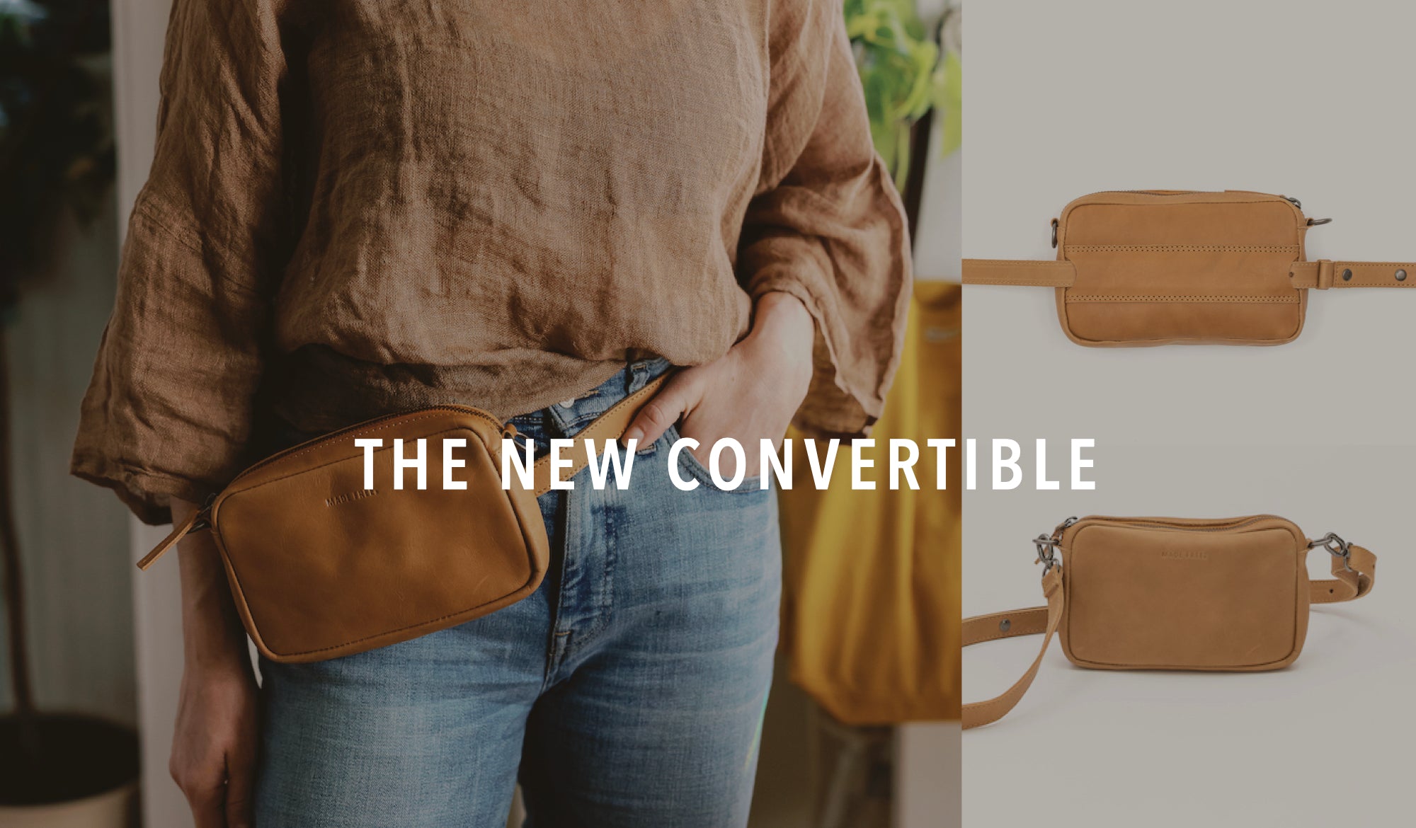 Woman wearing the crossbody convertible hip pack, ethically made from sustainable leather