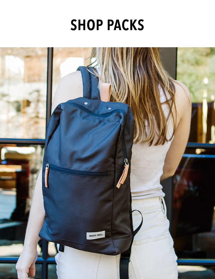 Woman carrying MADE FREE everything backpack in black, ethically made from recycled polyester