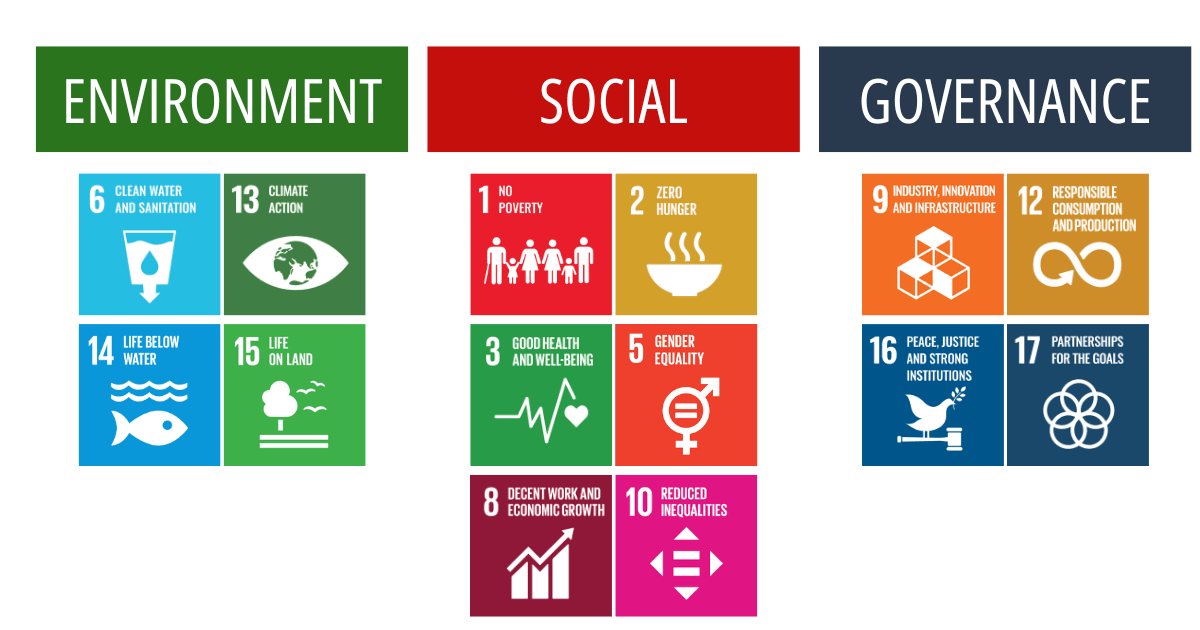 A graphic showing the Sustainable Development Goals, divided into Environment, Social, and Governance categories with colorful icons.
