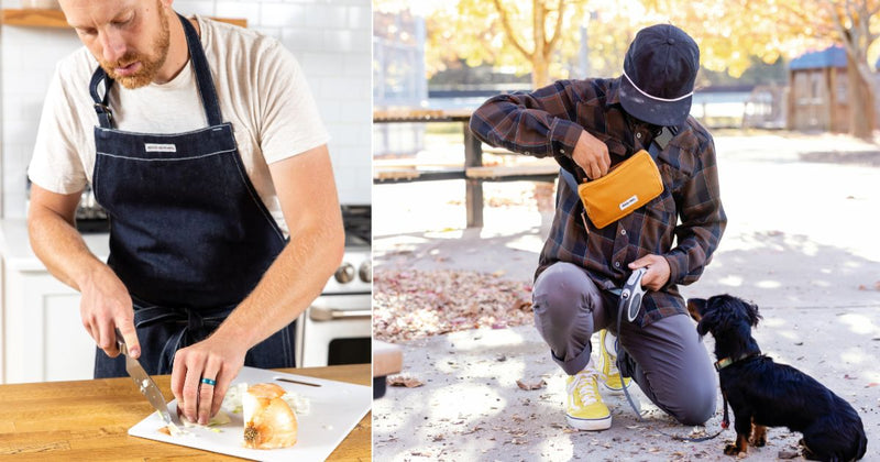 Person in a plaid shirt and cap accessing a yellow bag while a small dog sits nearby.