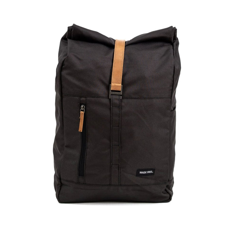 An fair trade eco-friendly backpack made from recycled water-resistant sustainable fabric in charcoal black
