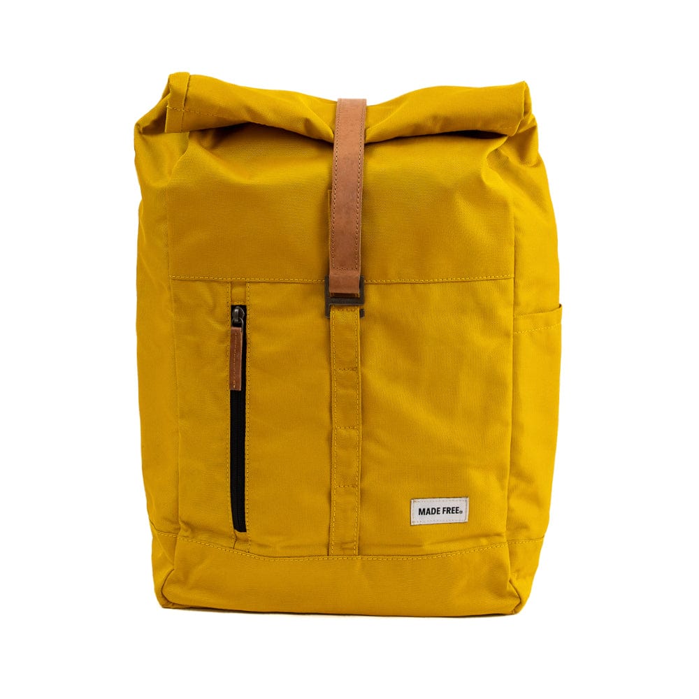 An fair trade eco-friendly backpack made from recycled water-resistant sustainable fabric in mustard yellow