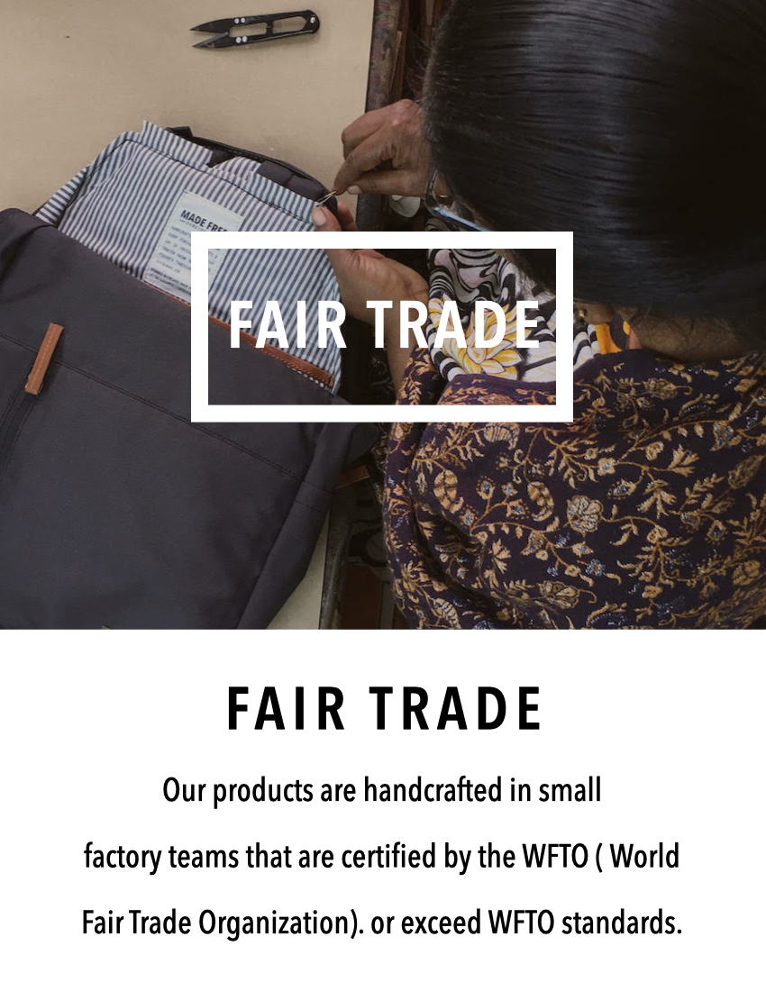 fair trade bags, backpacks, tote bags made in sustainable ethical small factories helping people be free of human trafficking and modern day slavery.