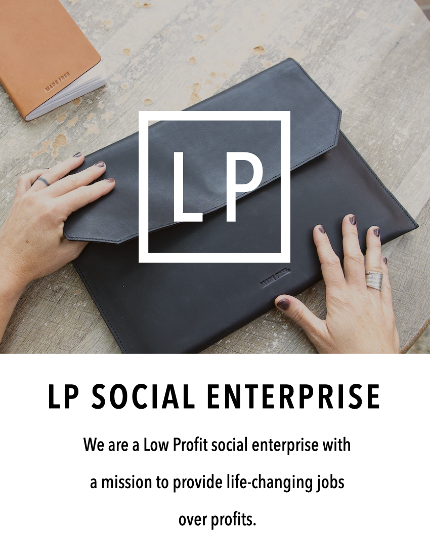 Sustainable leather laptop sleeve, showing MADE FREE is a low profit social enterprise