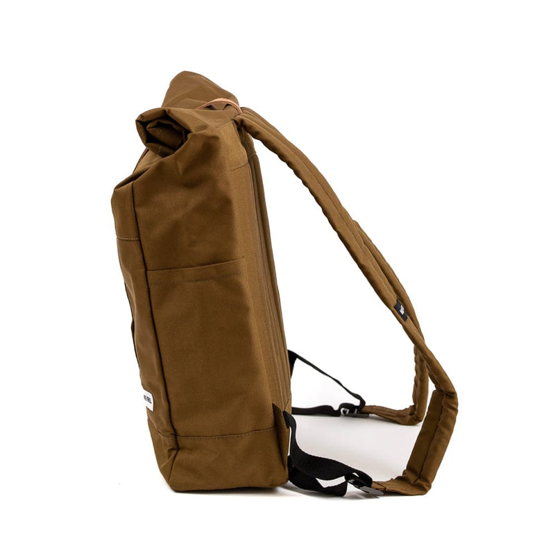 lightweight roll top backpack. best roll top backpack waterproof. canvas roll top bag. best roll top backpack. rolling backpacks. eco friendly roll top backpack. 100recycled backpack. socially responsible backpacks. backpacks made from recycled materials. sustainable travel bag. taupe brown