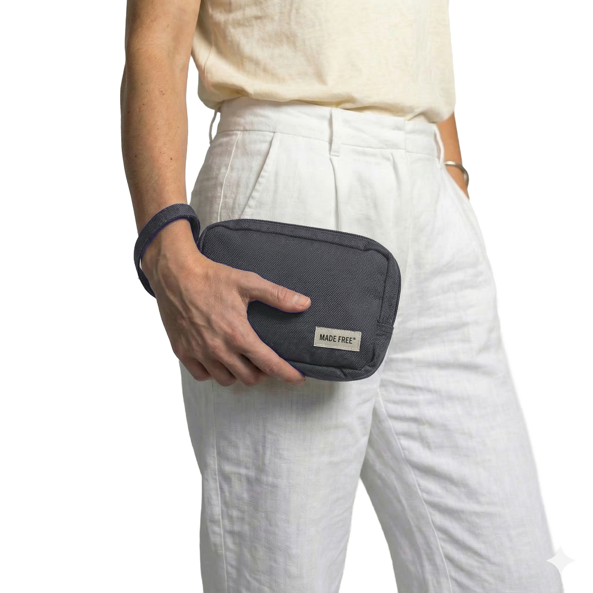 MADE FREE Adventure Case AW in charcoal worn by model in studio setting