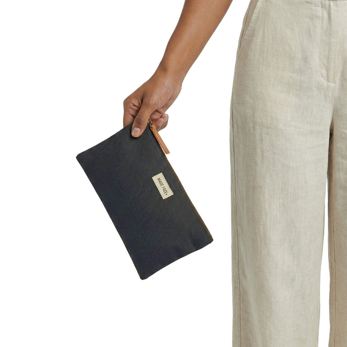 MADE FREE Adventure Pouch AW in charcoal worn by model in studio setting