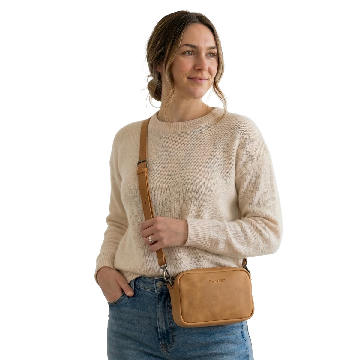 MADE FREE Convertible in camel worn by model in studio setting