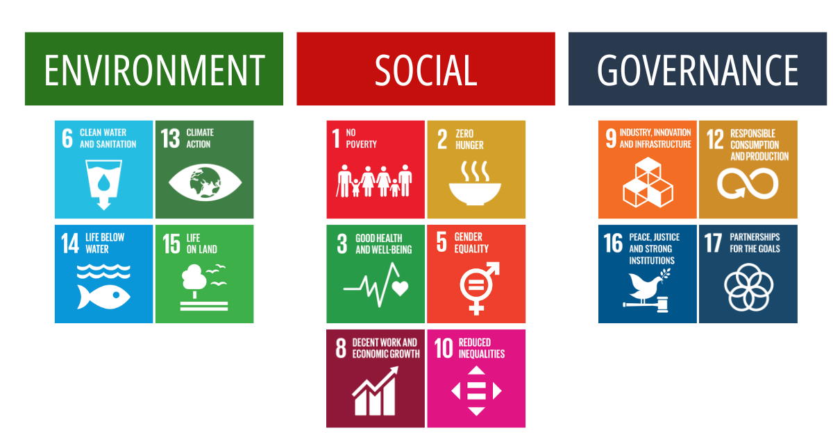 A graphic showing the Sustainable Development Goals, divided into Environment, Social, and Governance categories with colorful icons.