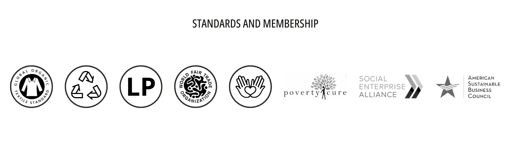 Various ethical and sustainable certifications for MADE FREE, including GOTS, World Fair Trade, and memberships with PovertyCure, Social Enterprise Alliance, and ASBC.