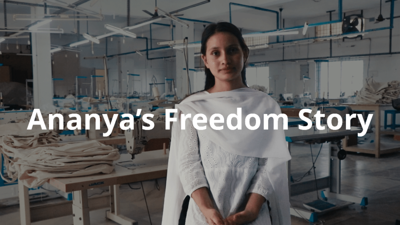 A woman named Ananya walks through a bustling street while holding her phone. The subtitle reads, "I'm Ananya, a proud maker at MADE FREE," showcasing her role in ethical fashion.